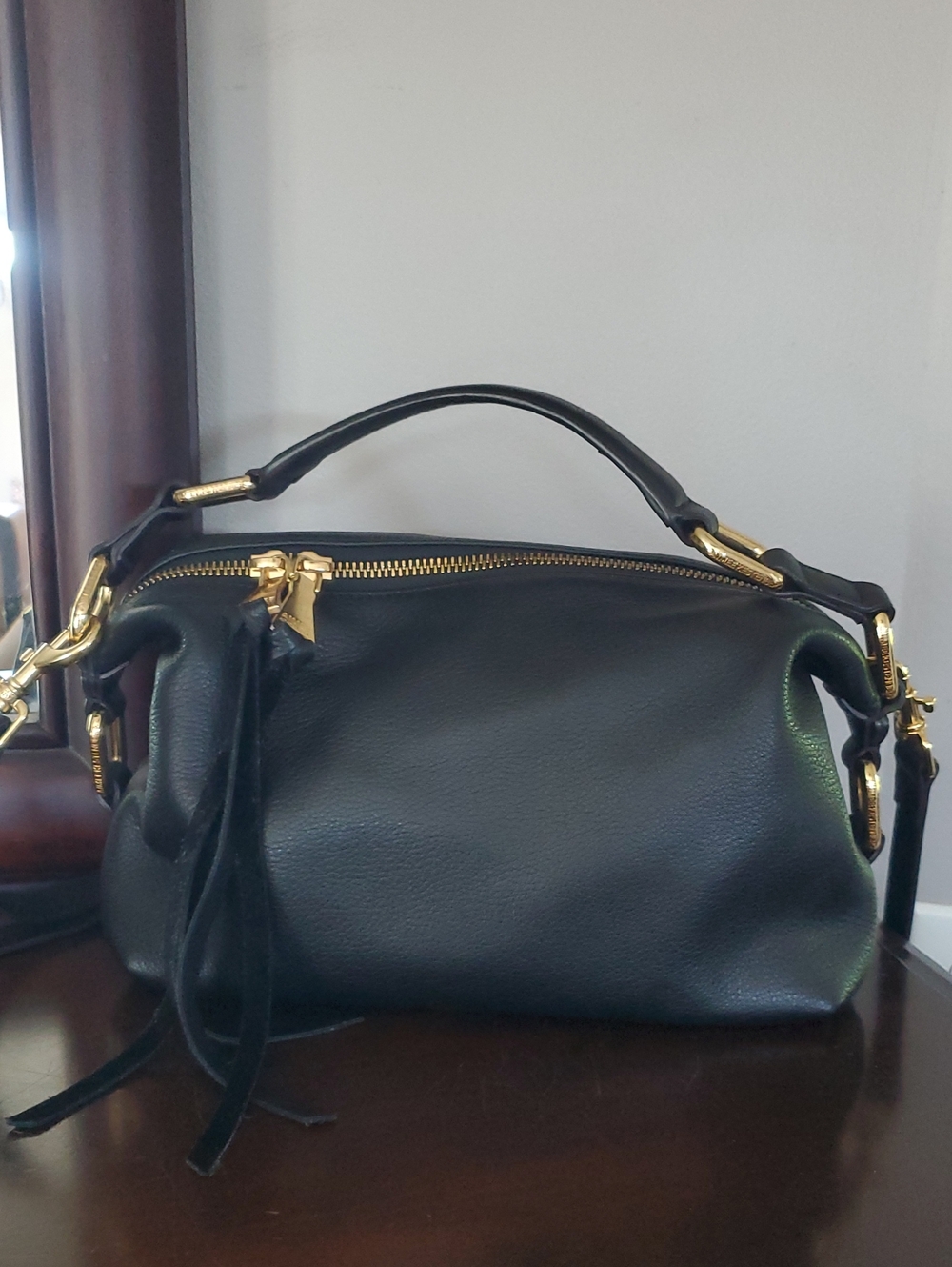 Aimee Kestenberg Black Leather Satchel with Gold Hardware